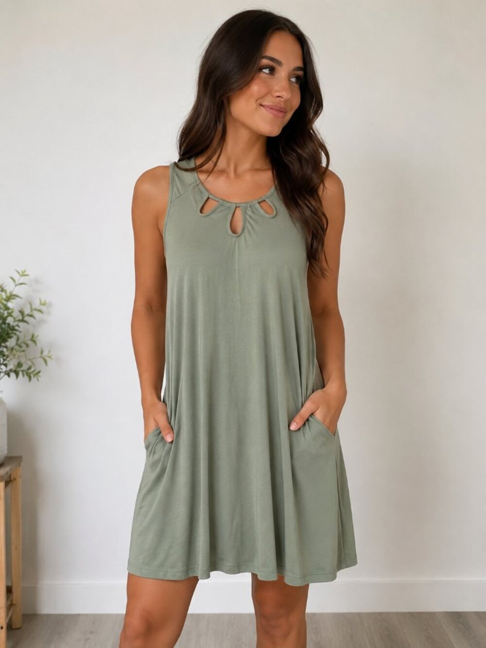True Craft Sage Scallop Cutout Sleeveless Swing Dress NWT Size M